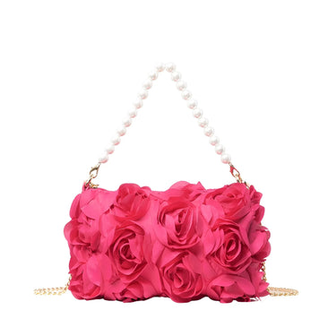 Elegant Rose Flower Dinner Bag Faux Pearl Handbag Metal Chain Crossbody Bag